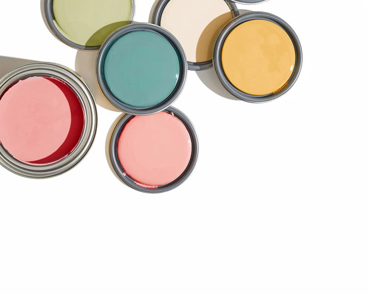 5 vibrantly colored paint cans